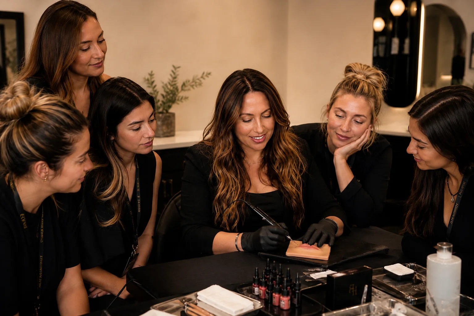 Courtney Livesay demonstrating lip blush technique while Browhouse Academy students observe