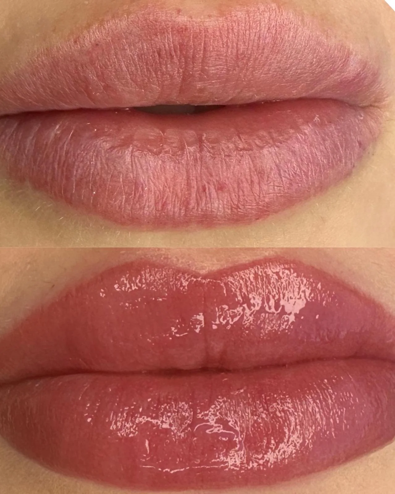 Browhouse lip blush client before treatment and immediately after treatment