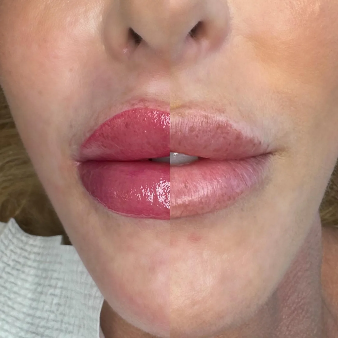 Split view showing a Browhouse lip blush client before and immediately after treatment