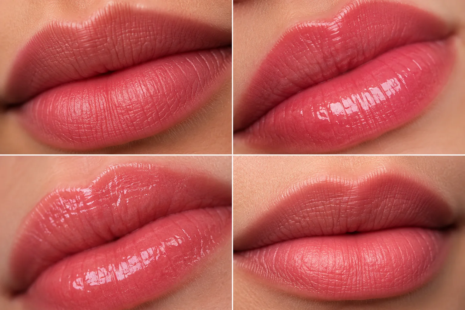 Four finished lip blush views showing shape, color, and finish